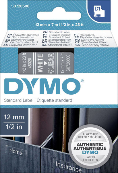 Picture of DYMO D1 LABEL CASSETTE ORIGINAL 45020 12MM WHITE ON CLEAR
